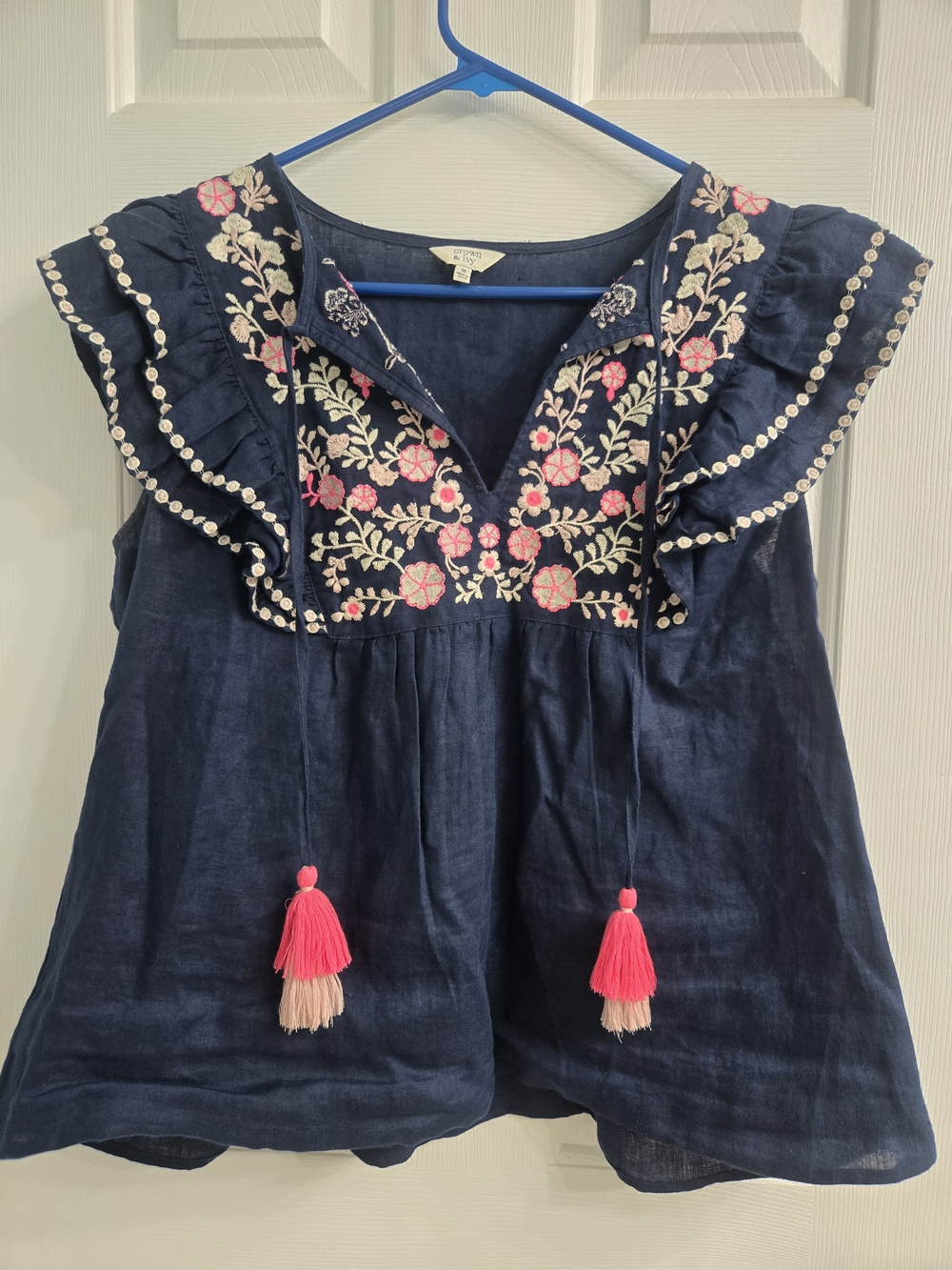 crown & ivy Navy Linen Blend Peasant Top with Pink Accents